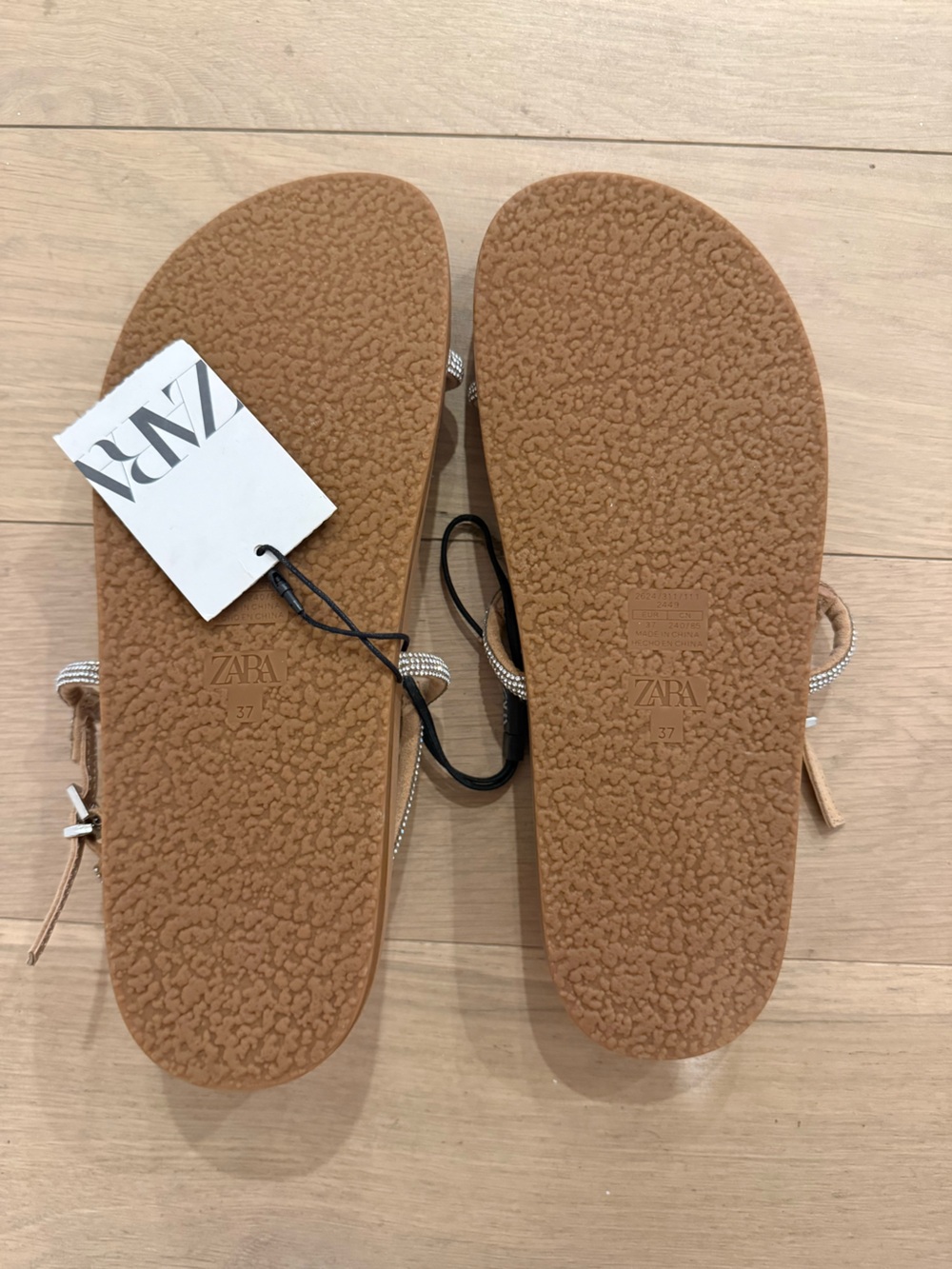 ZARA Tan Rhinestone-Strap Molded Footbed Sandals - Picture 2 of 2